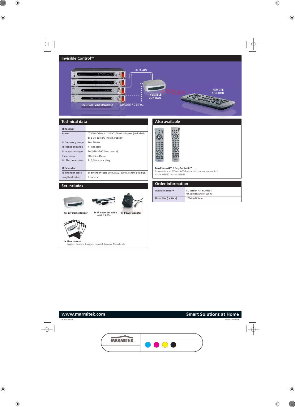Invisible control, Technical data order information, Set includes | Also available | Marmitek Invisible Control A/V Equipment User Manual | Page 2 / 2