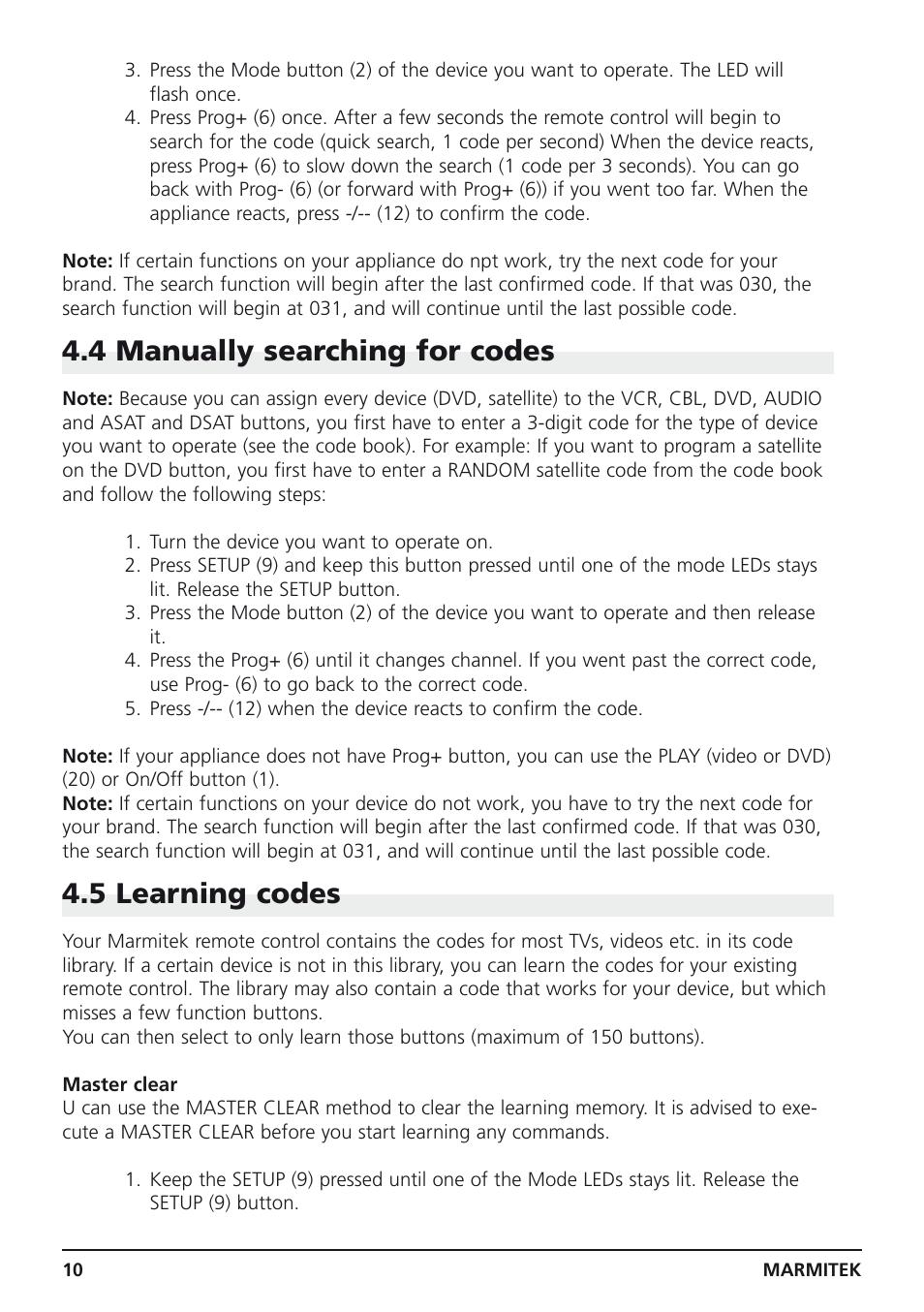 4 manually searching for codes, 5 learning codes | Marmitek Easycontrol 8 User Manual | Page 10 / 56