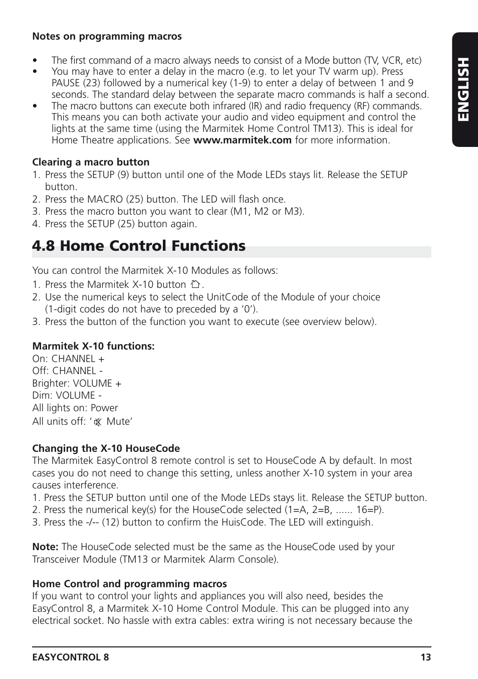 English, 8 home control functions | Marmitek Easycontrol 8 User Manual | Page 13 / 56