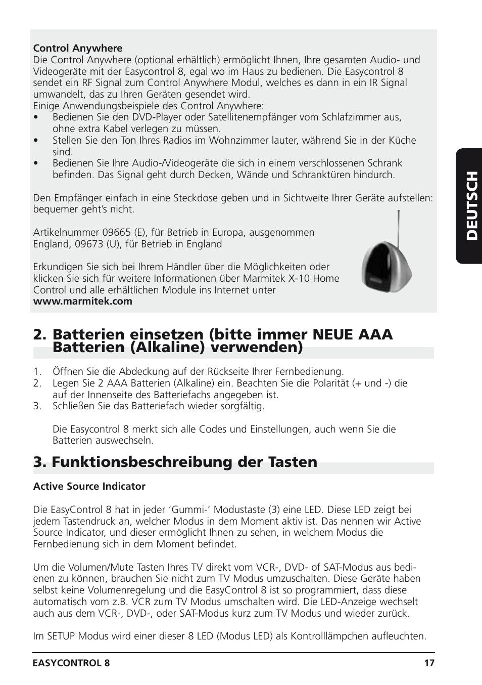 Deutsch, Funktionsbeschreibung der tasten | Marmitek Easycontrol 8 User Manual | Page 17 / 56