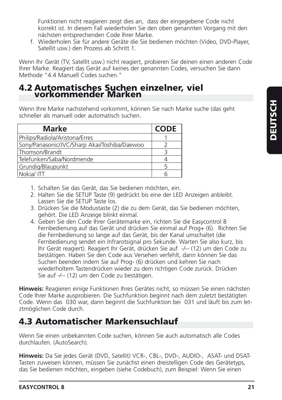 Deutsch, 3 automatischer markensuchlauf, Marke code | Marmitek Easycontrol 8 User Manual | Page 21 / 56