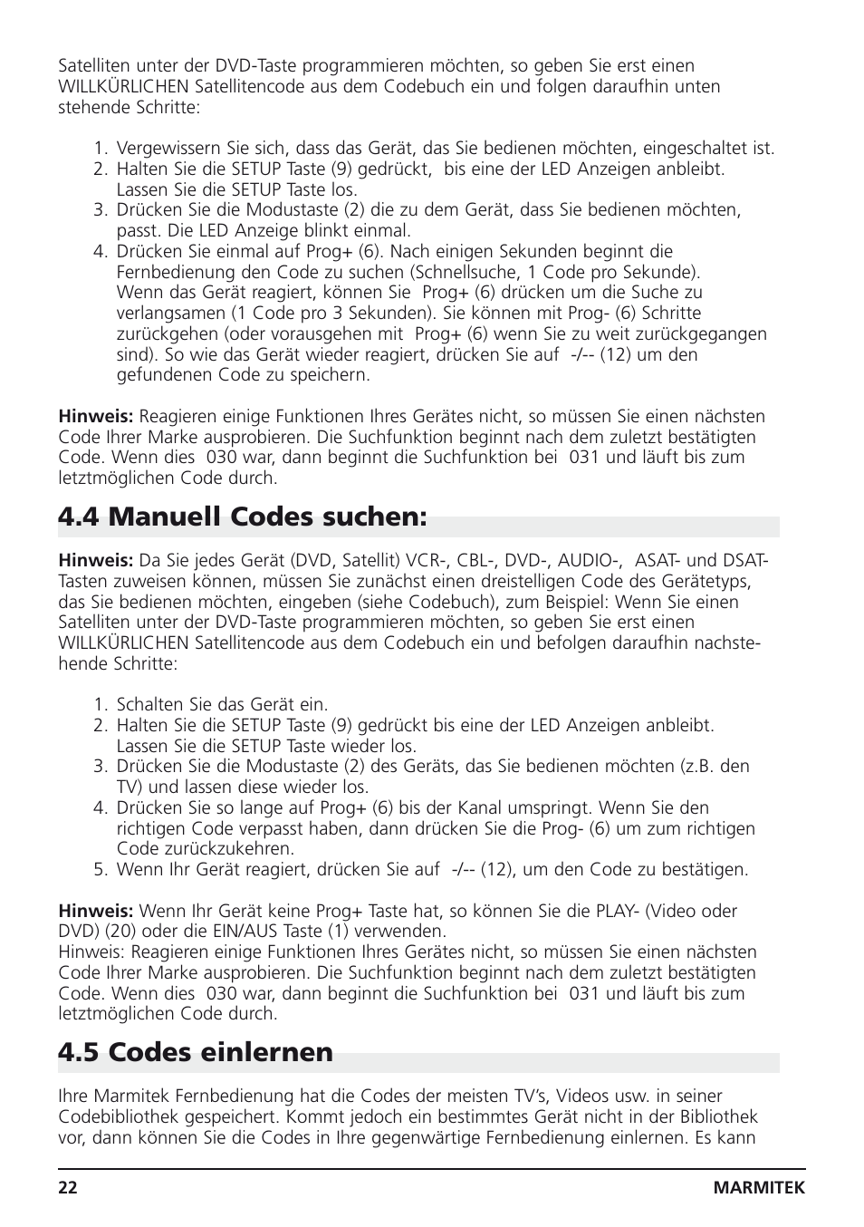 4 manuell codes suchen, 5 codes einlernen | Marmitek Easycontrol 8 User Manual | Page 22 / 56