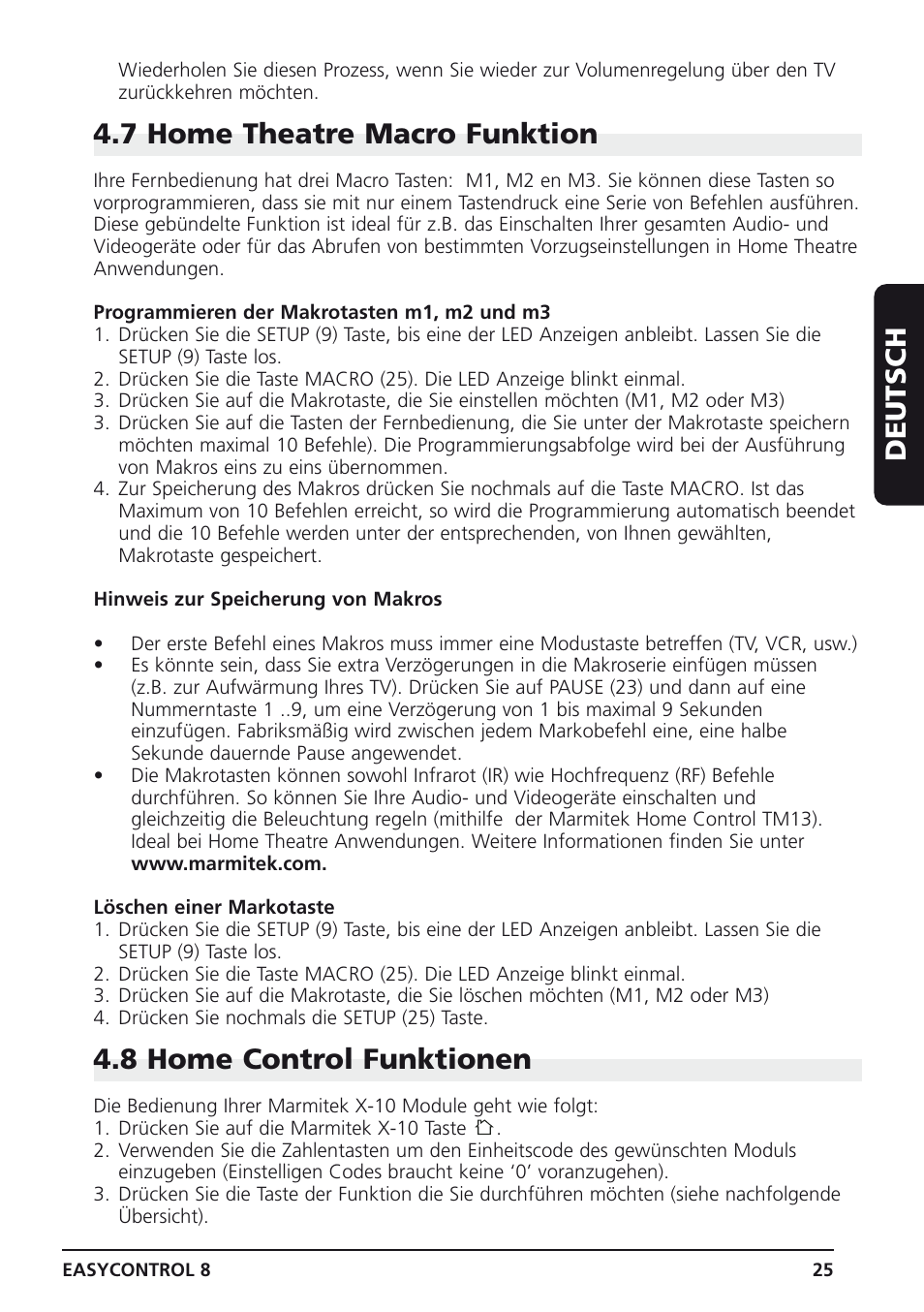 Deutsch, 7 home theatre macro funktion, 8 home control funktionen | Marmitek Easycontrol 8 User Manual | Page 25 / 56
