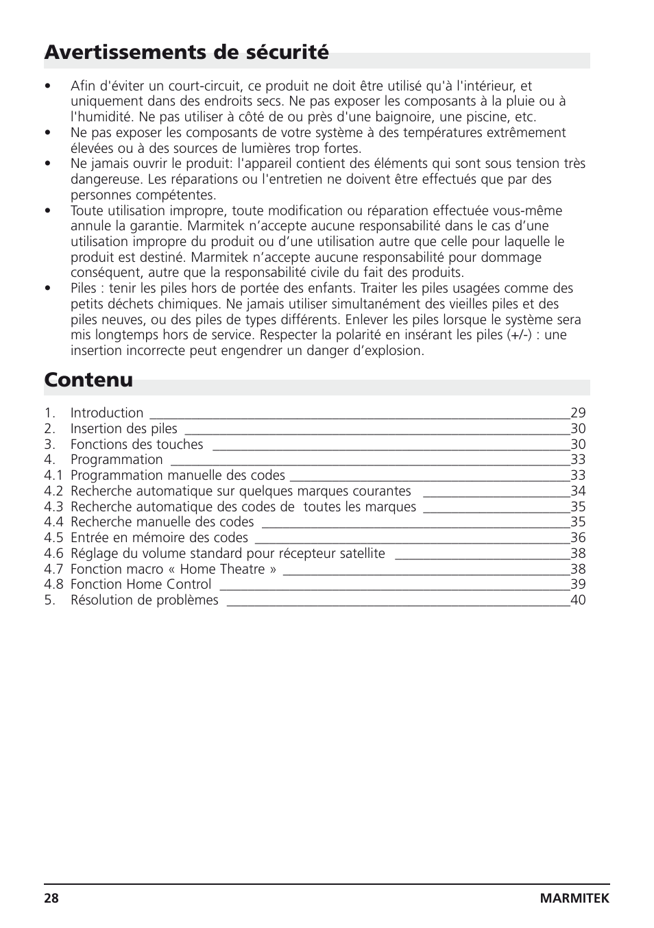 Avertissements de sécurité, Contenu | Marmitek Easycontrol 8 User Manual | Page 28 / 56