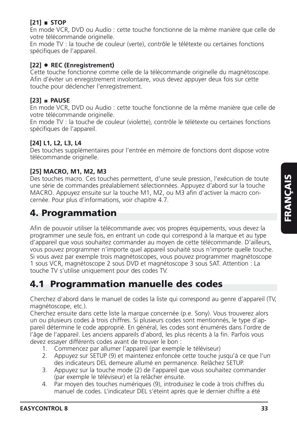 Français, Programmation, 1 programmation manuelle des codes | Marmitek Easycontrol 8 User Manual | Page 33 / 56