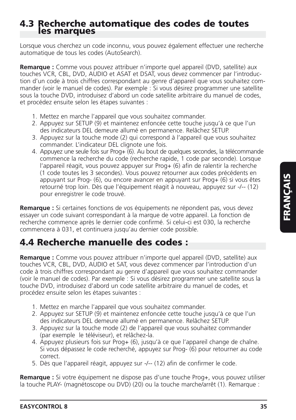 4 recherche manuelle des codes | Marmitek Easycontrol 8 User Manual | Page 35 / 56