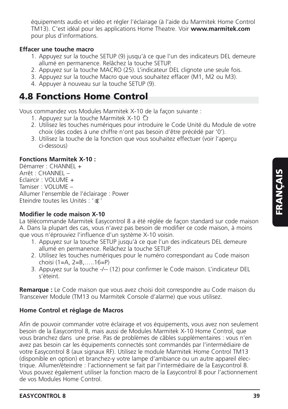 Français, 8 fonctions home control | Marmitek Easycontrol 8 User Manual | Page 39 / 56