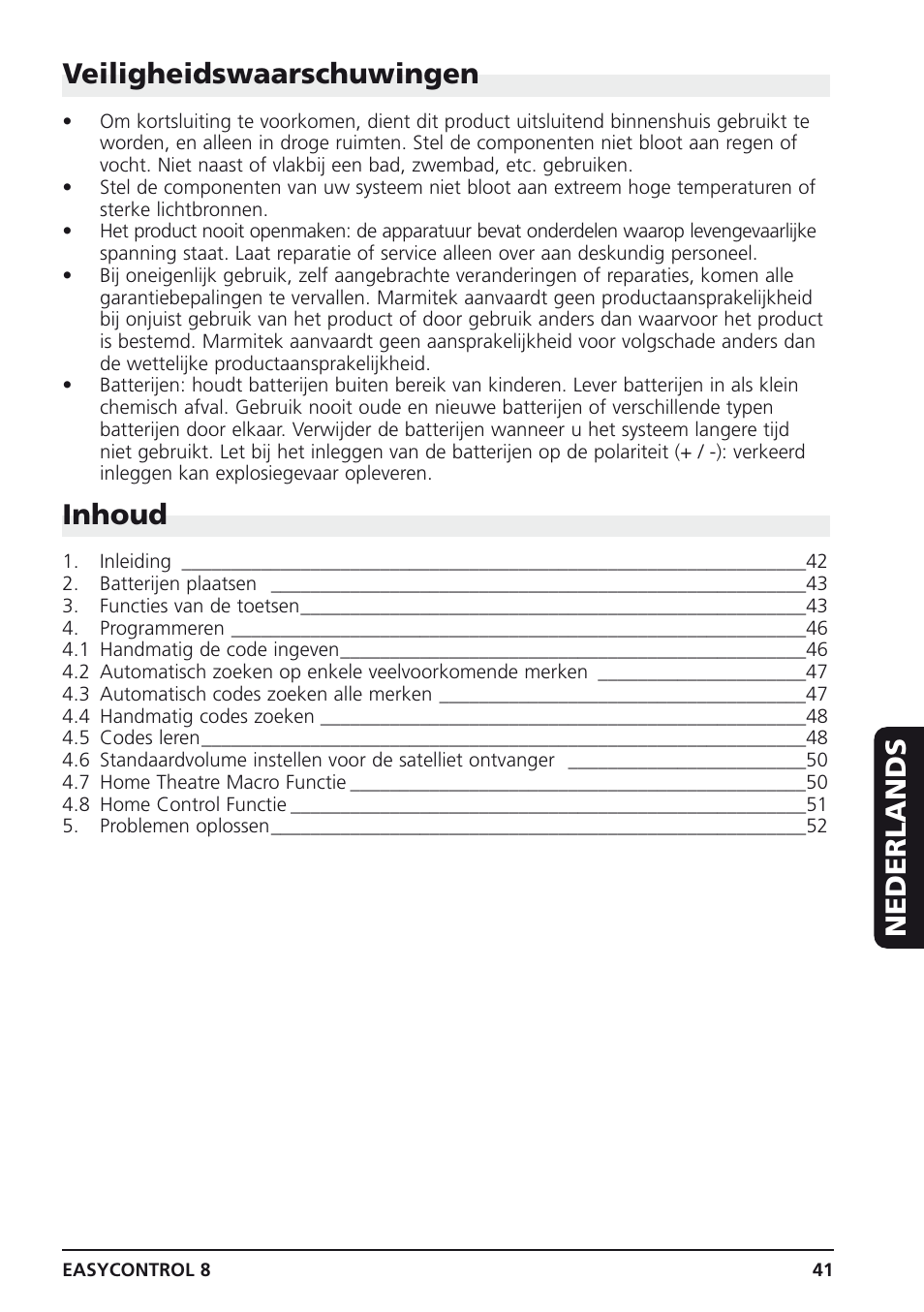 Nederlands veiligheidswaarschuwingen, Inhoud | Marmitek Easycontrol 8 User Manual | Page 41 / 56