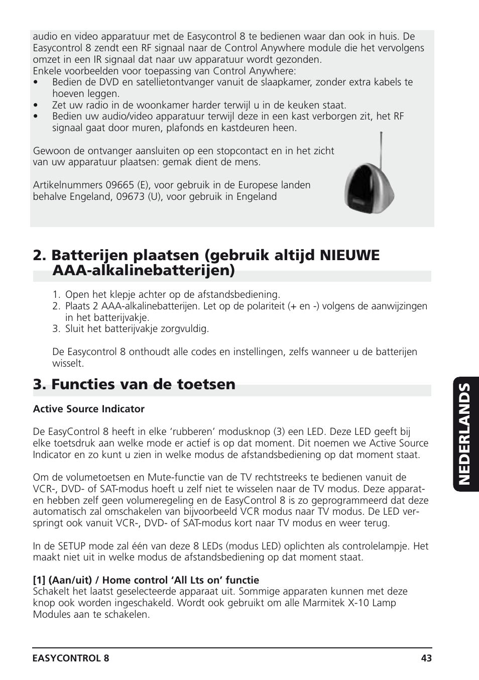 Nederlands, Functies van de toetsen | Marmitek Easycontrol 8 User Manual | Page 43 / 56