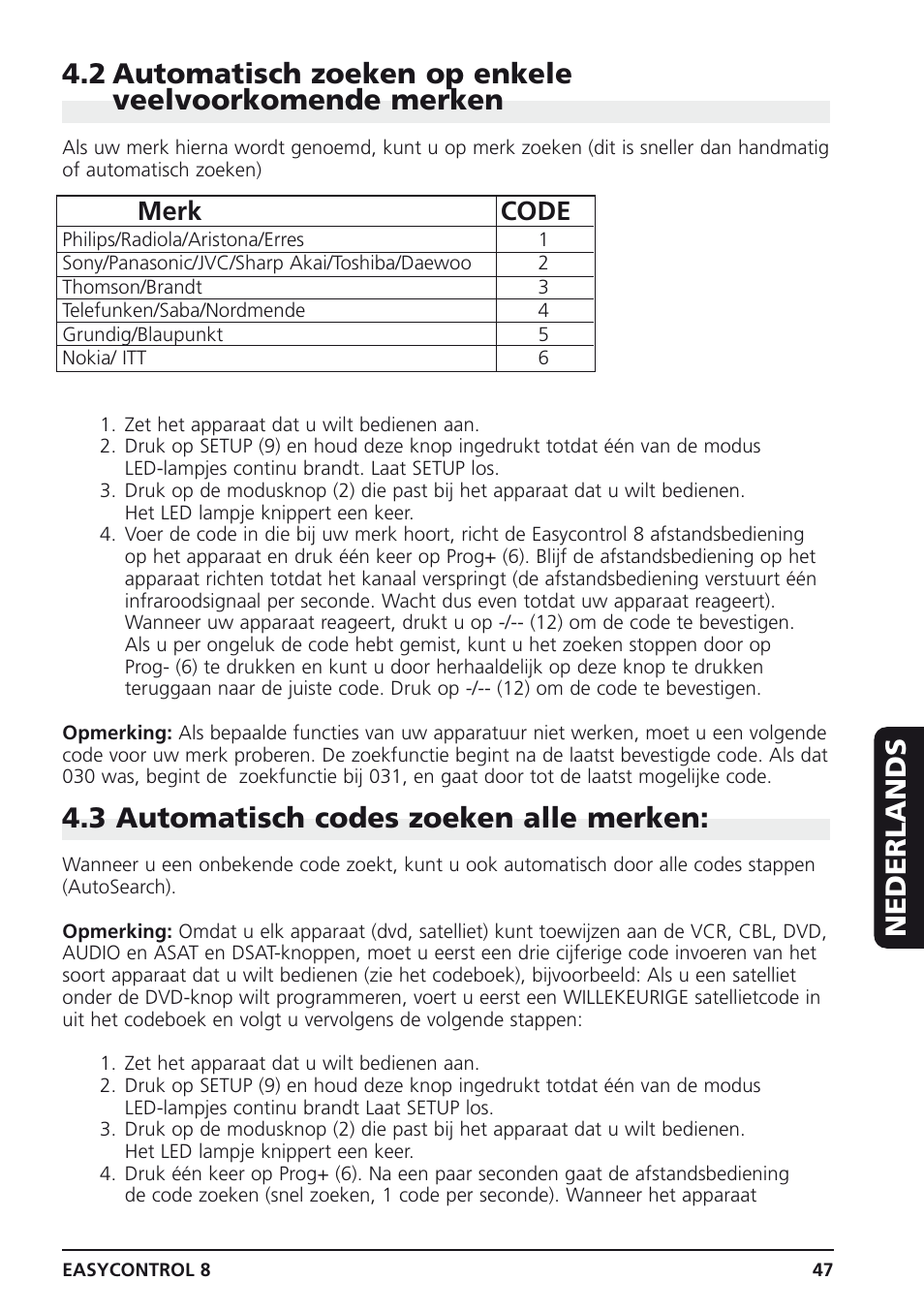 3 automatisch codes zoeken alle merken, Merk code | Marmitek Easycontrol 8 User Manual | Page 47 / 56