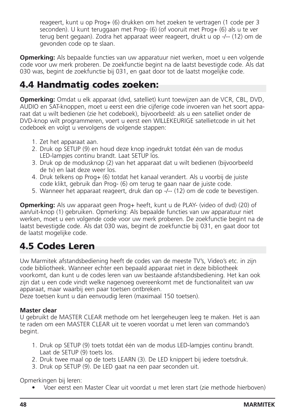 4 handmatig codes zoeken, 5 codes leren | Marmitek Easycontrol 8 User Manual | Page 48 / 56