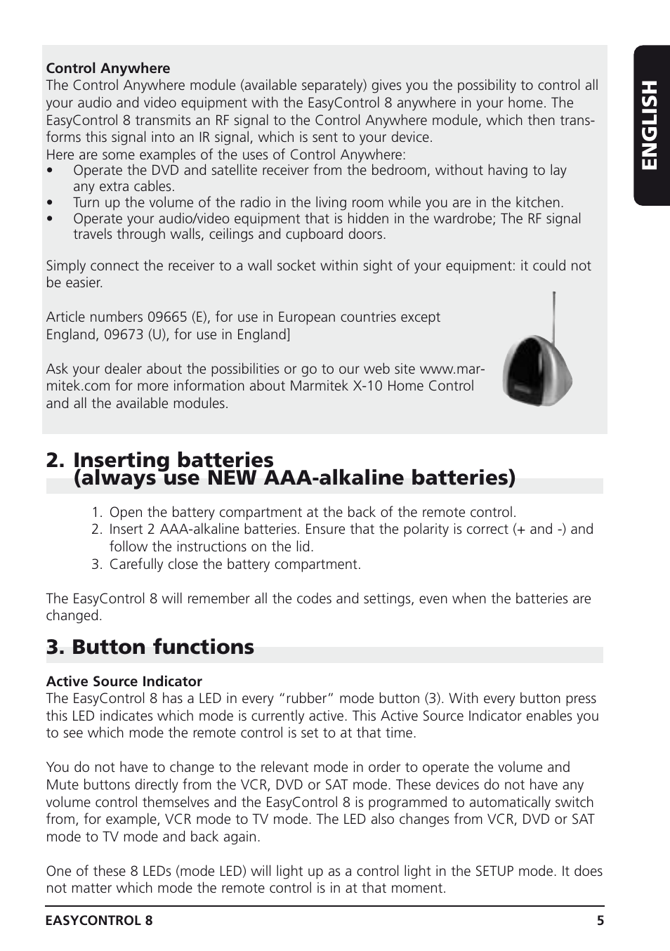 English, Button functions | Marmitek Easycontrol 8 User Manual | Page 5 / 56