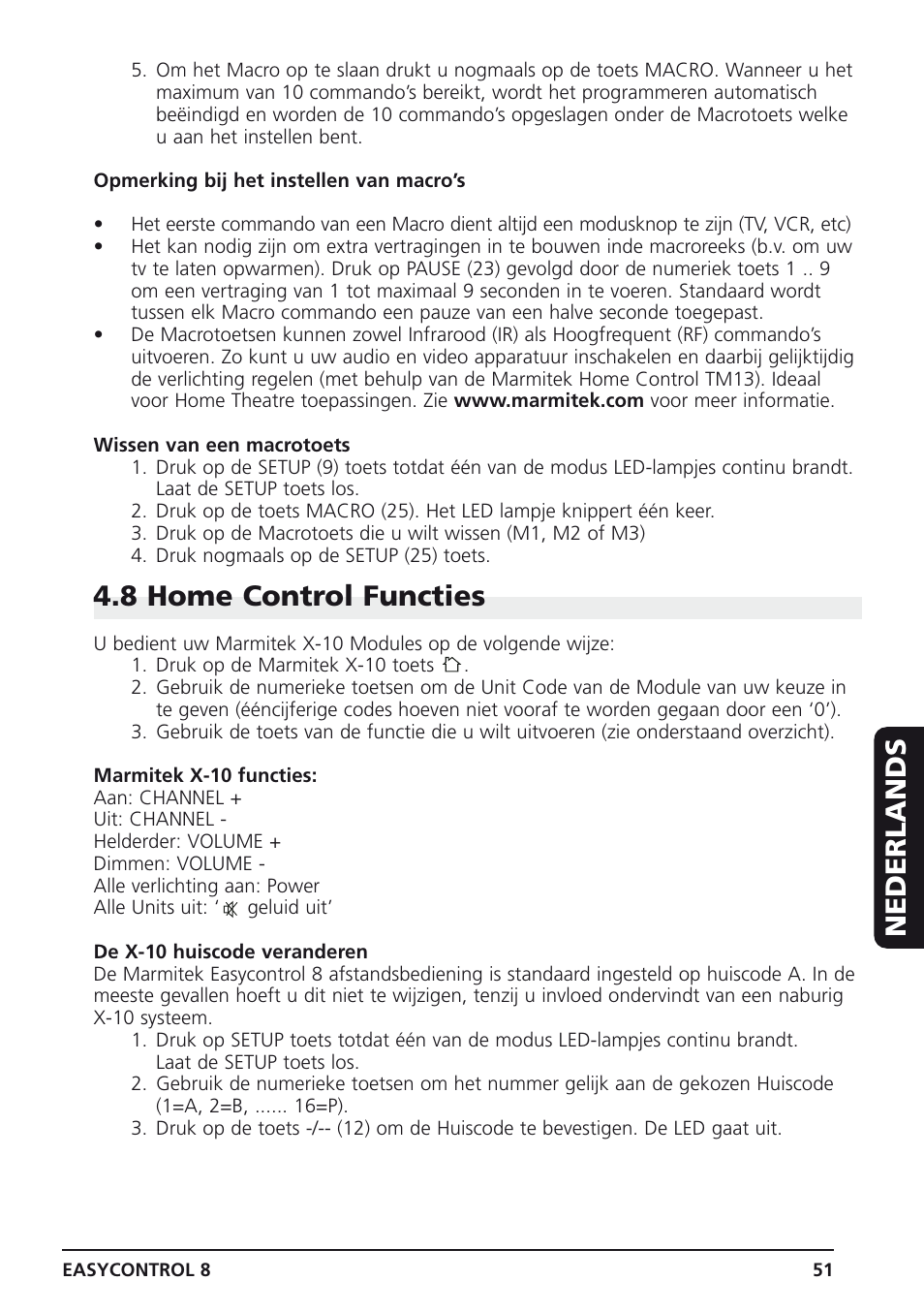 Nederlands, 8 home control functies | Marmitek Easycontrol 8 User Manual | Page 51 / 56