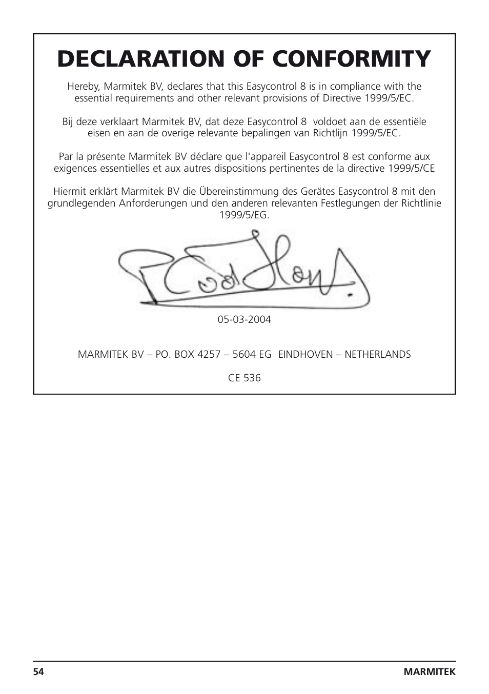 Declaration of conformity | Marmitek Easycontrol 8 User Manual | Page 54 / 56