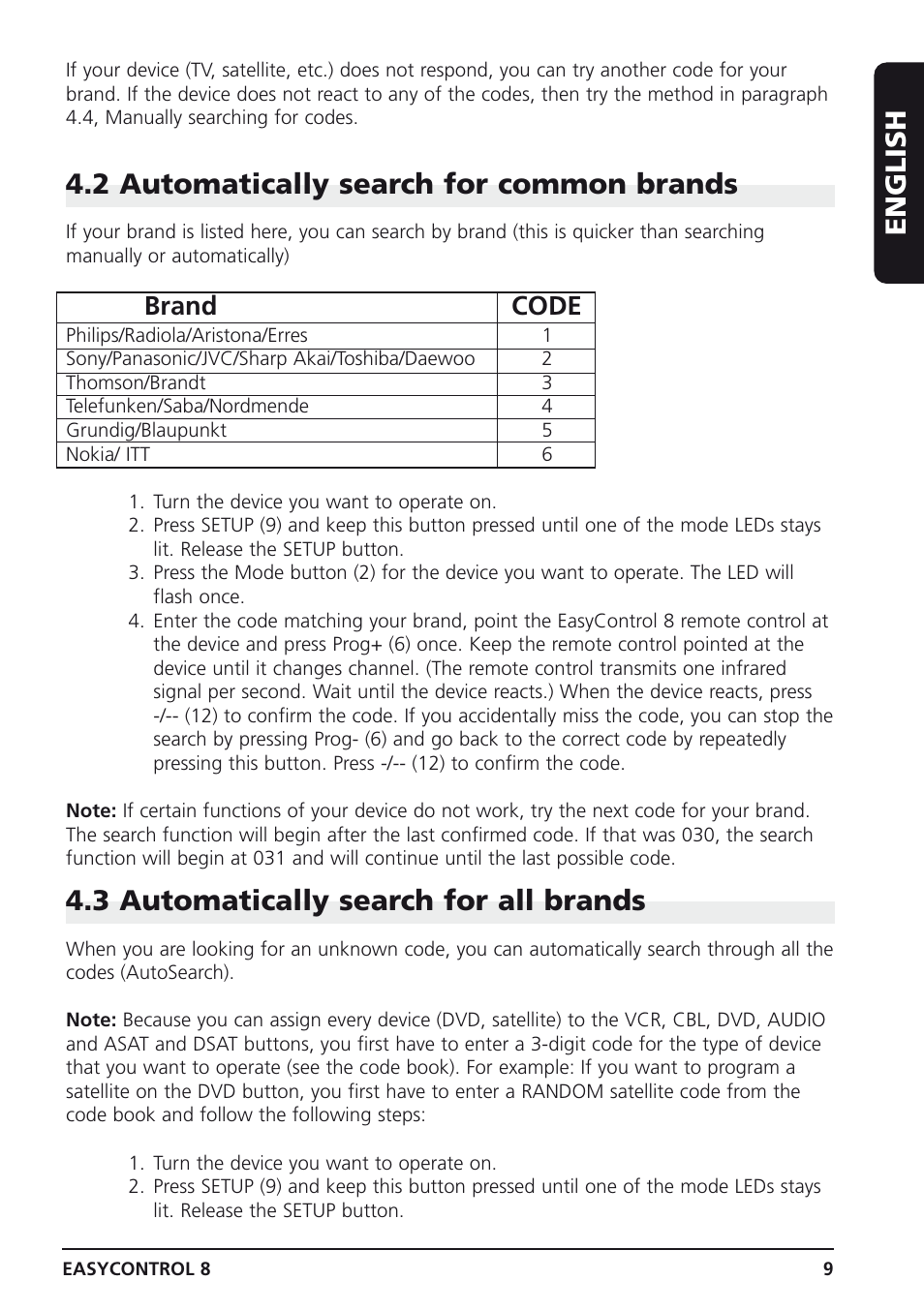 English, 2 automatically search for common brands, 3 automatically search for all brands | Brand code | Marmitek Easycontrol 8 User Manual | Page 9 / 56