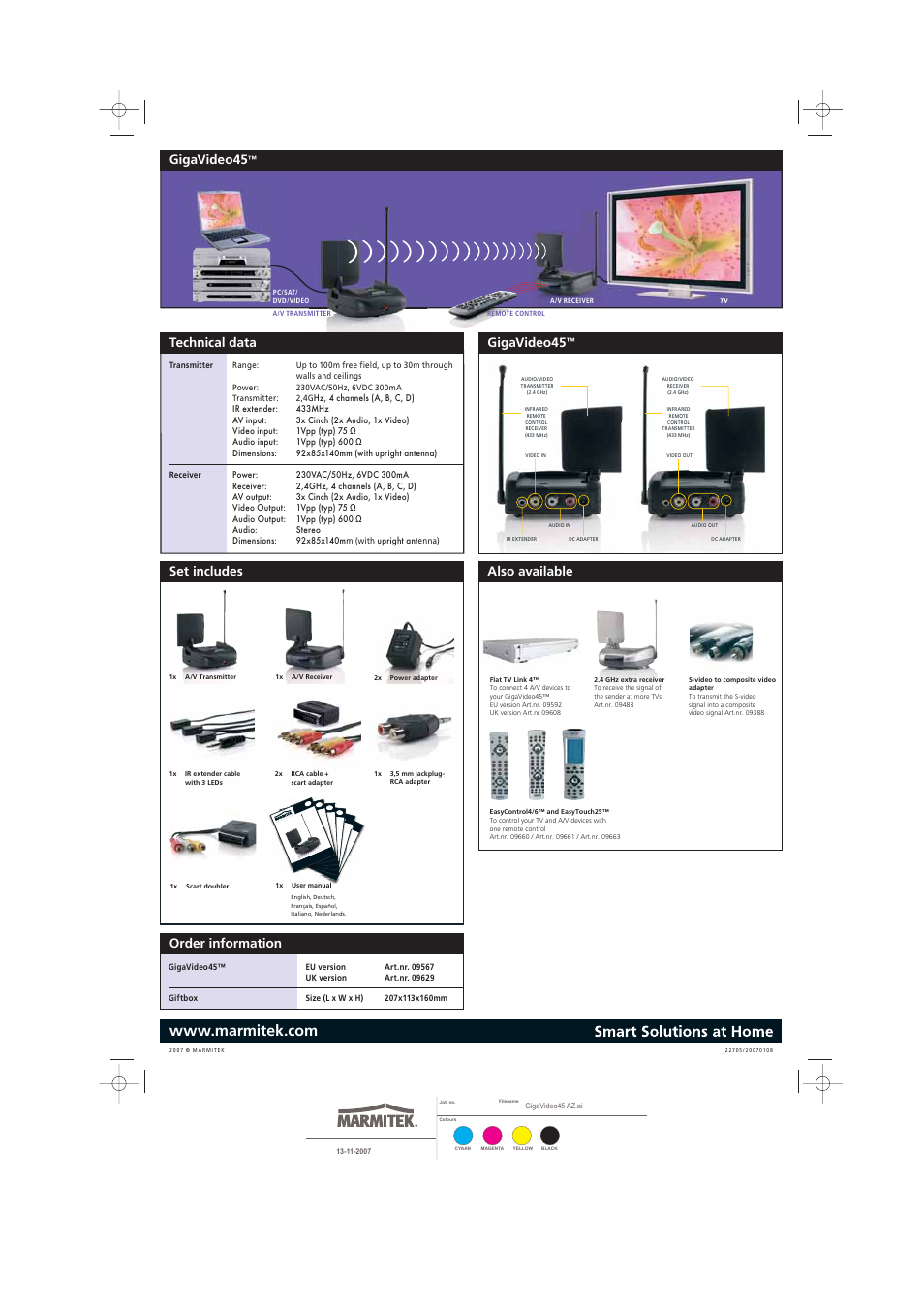 Gigavideo45, Technical data set includes gigavideo45, Order information | Also available | Marmitek Wireless Audio/Video System GigaVideo45 User Manual | Page 2 / 2