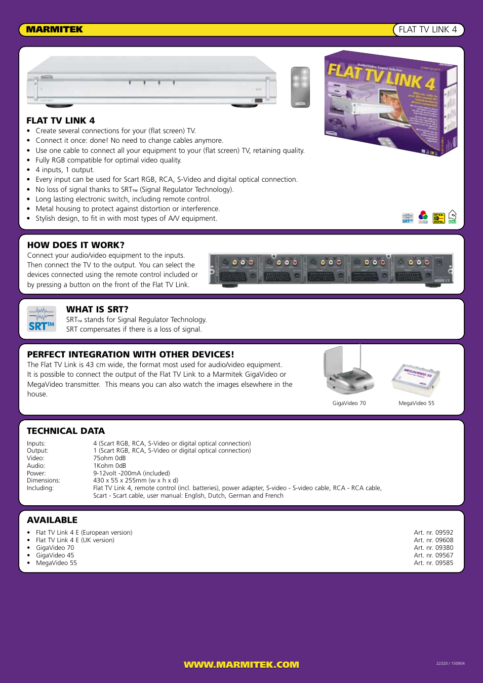Technical data, Available, Flat tv link 4 | How does it work, What is srt, Perfect integration with other devices | Marmitek LINK 4 Flat TV User Manual | Page 2 / 2