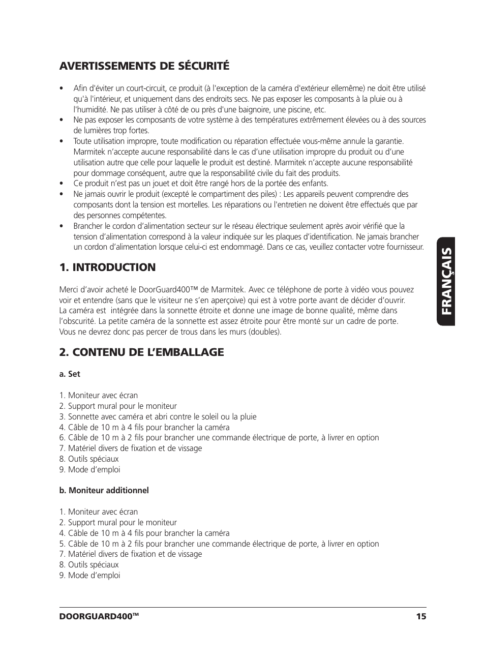 Français, Avertissements de sécurité, Introduction | Contenu de l’emballage | Marmitek VIDEO DOORPHONE User Manual | Page 15 / 40