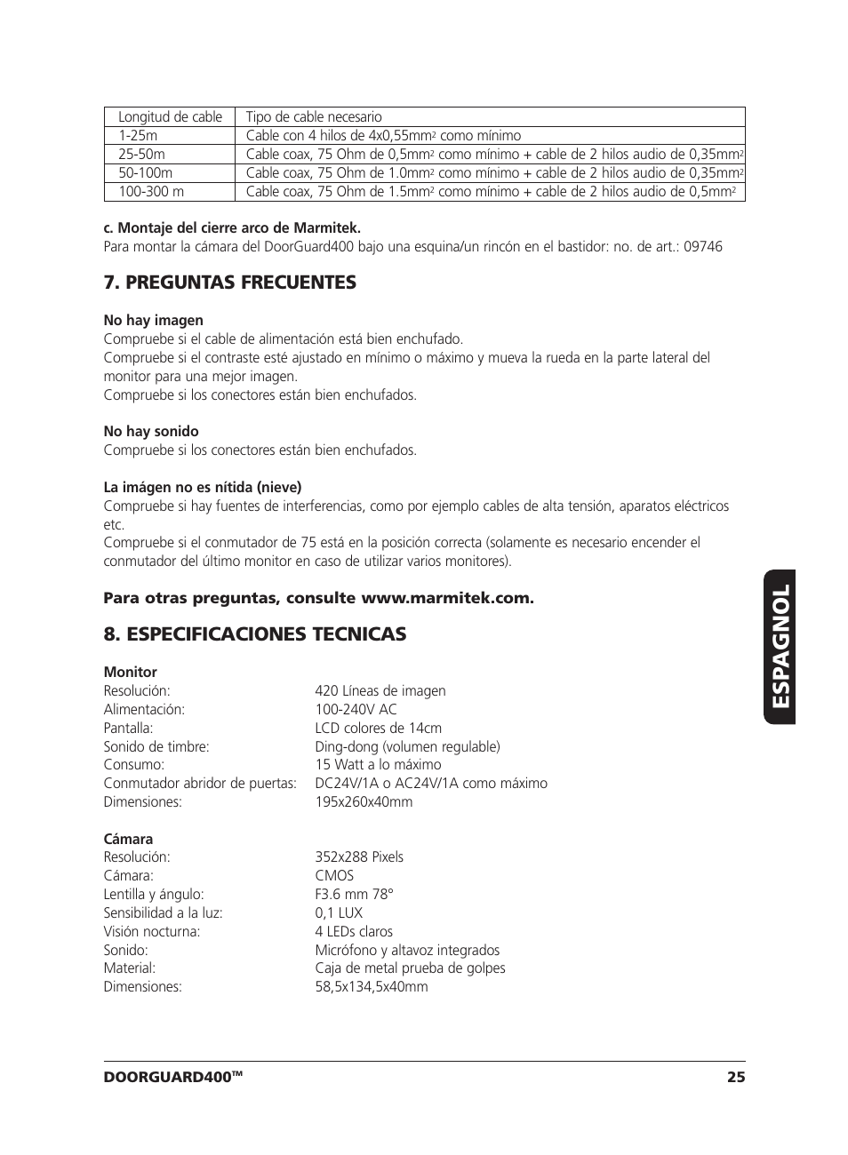 Esp agnol, Preguntas frecuentes, Especificaciones tecnicas | Marmitek VIDEO DOORPHONE User Manual | Page 25 / 40
