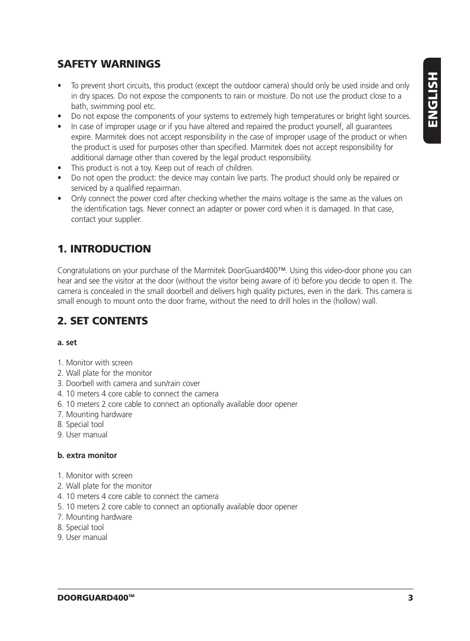 English, Safety warnings, Introduction | Set contents | Marmitek VIDEO DOORPHONE User Manual | Page 3 / 40