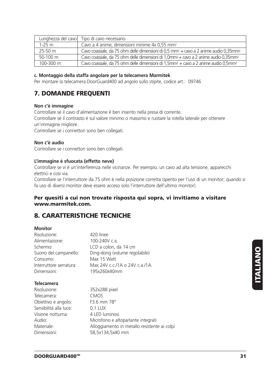 It aliano, Domande frequenti, Caratteristiche tecniche | Marmitek VIDEO DOORPHONE User Manual | Page 31 / 40