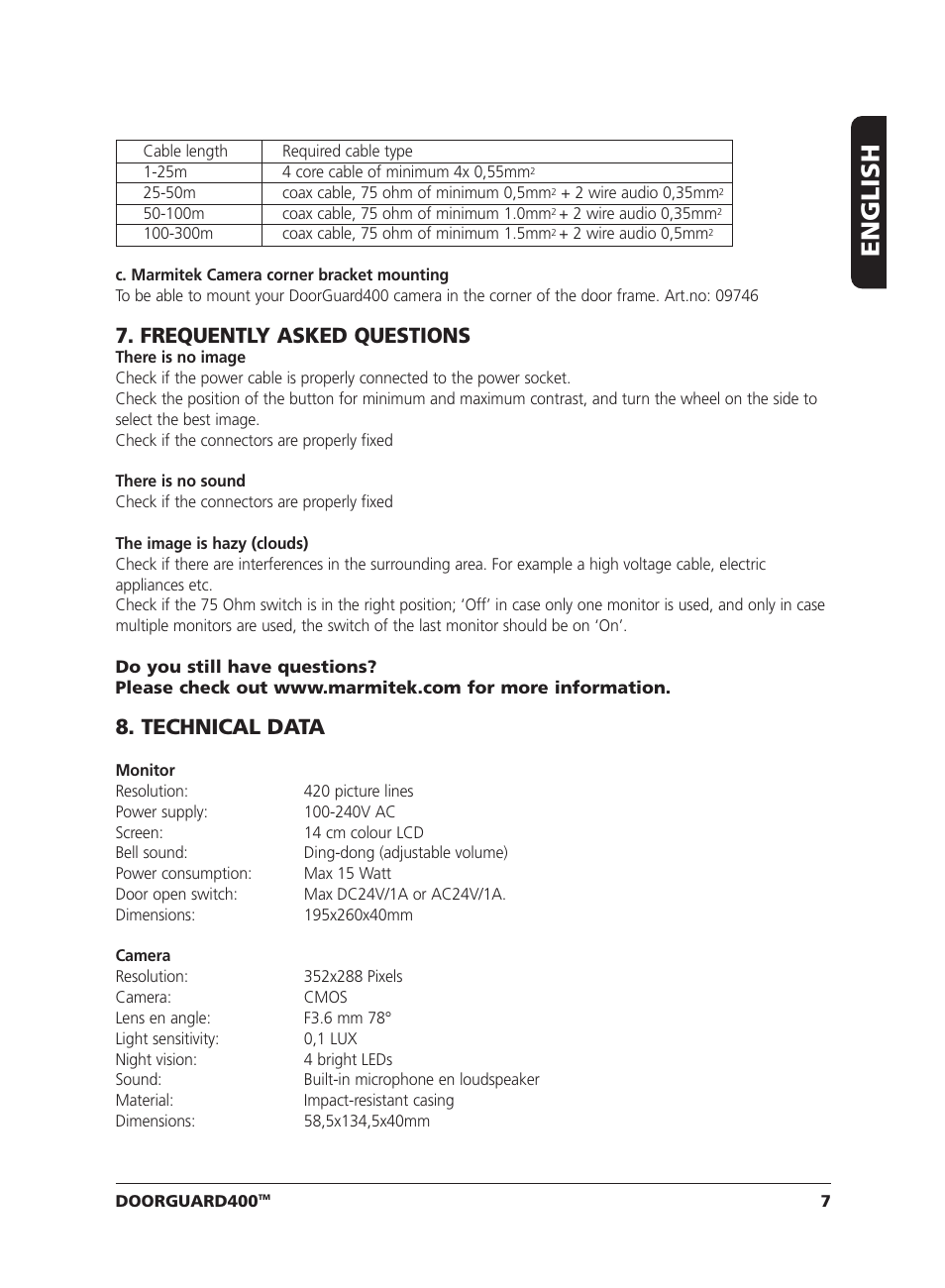 English, Frequently asked questions, Technical data | Marmitek VIDEO DOORPHONE User Manual | Page 7 / 40