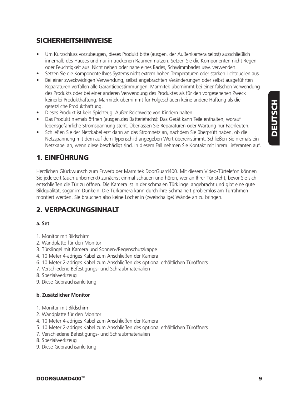 Deutsch, Sicherheitshinweise, Einführung | Verpackungsinhalt | Marmitek VIDEO DOORPHONE User Manual | Page 9 / 40