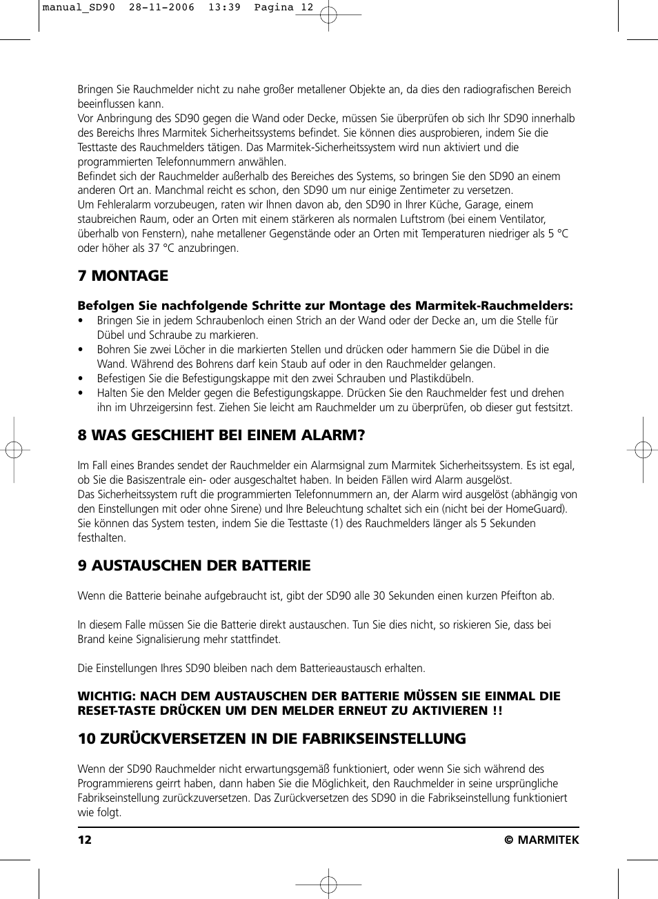 7 montage, 8 was geschieht bei einem alarm, 9 austauschen der batterie | 10 zurückversetzen in die fabrikseinstellung | Marmitek SD90 User Manual | Page 12 / 40
