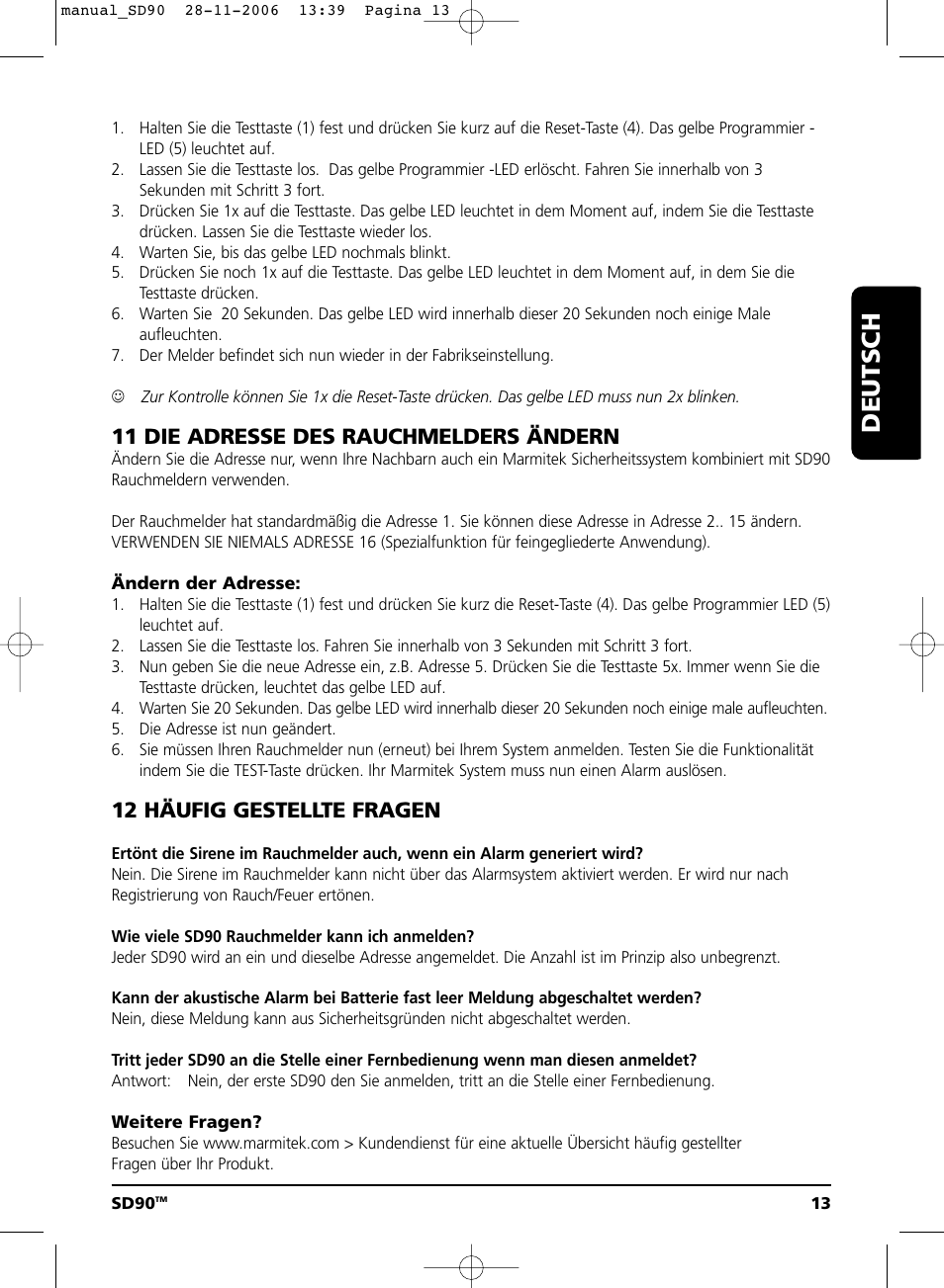 Deutsch, 11 die adresse des rauchmelders ändern, 12 häufig gestellte fragen | Marmitek SD90 User Manual | Page 13 / 40