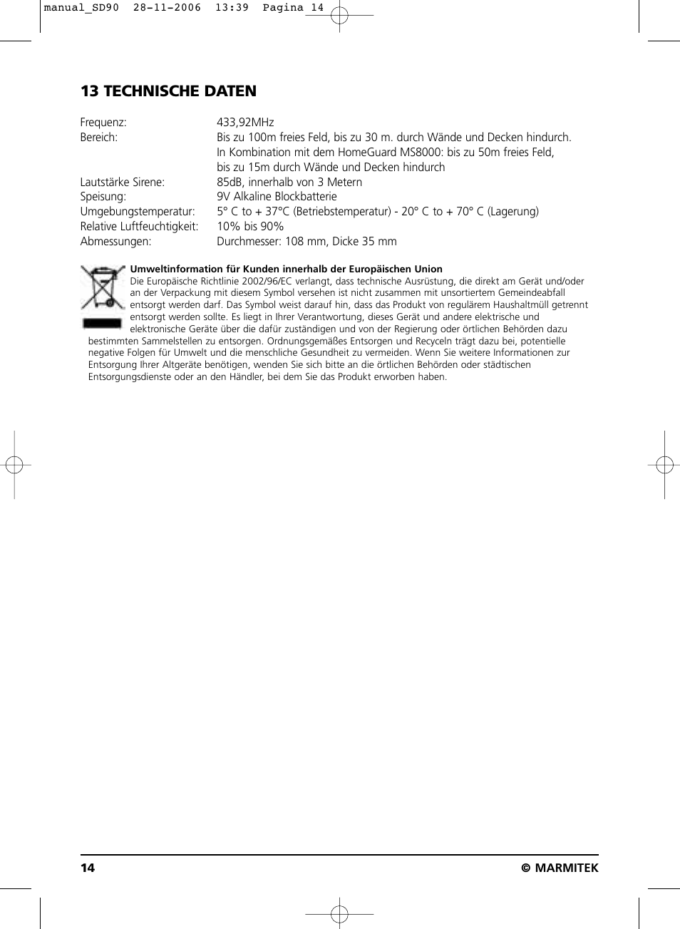 13 technische daten | Marmitek SD90 User Manual | Page 14 / 40