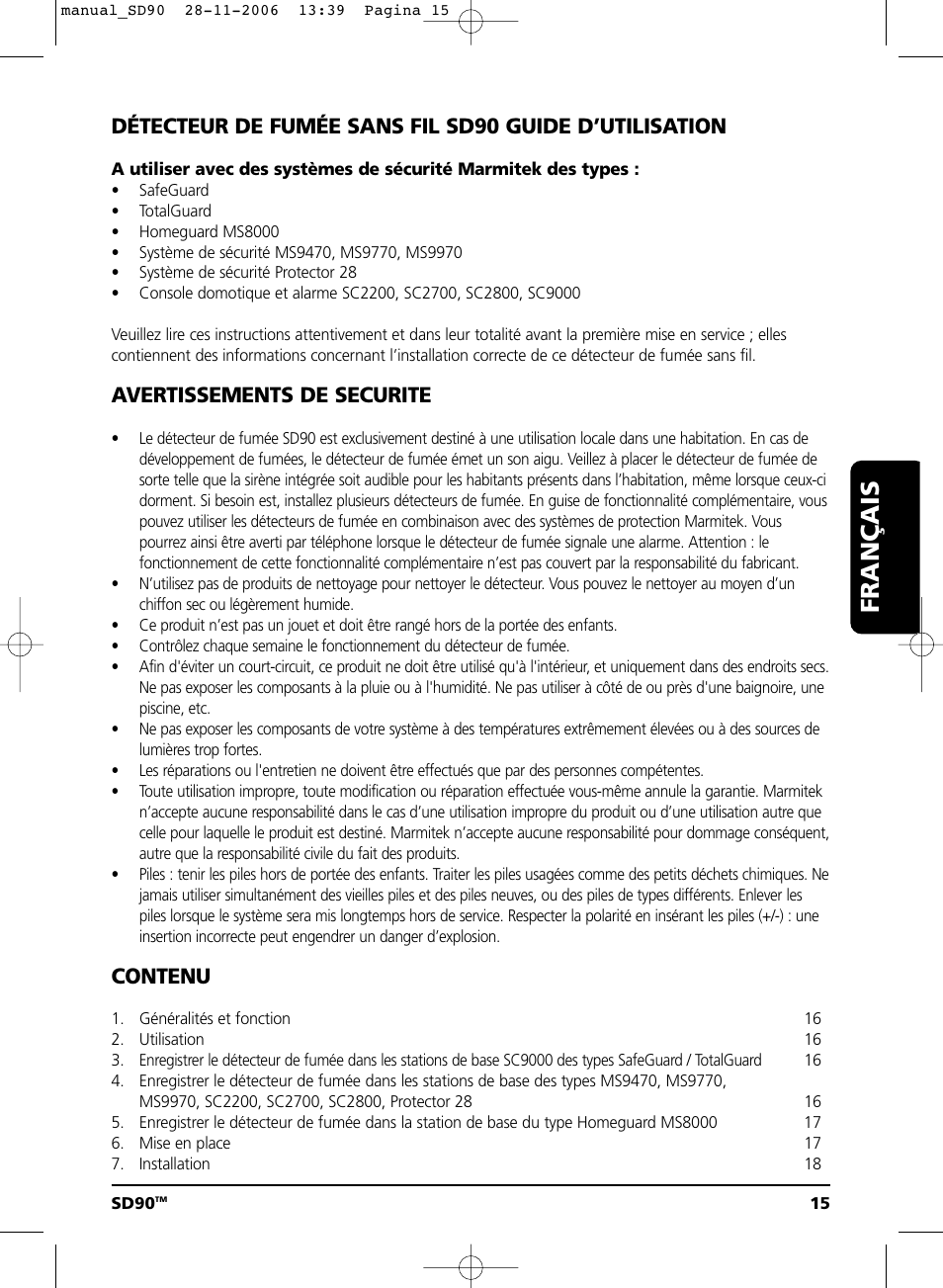 Guide utilisateur, Français, Avertissements de securite | Contenu | Marmitek SD90 User Manual | Page 15 / 40