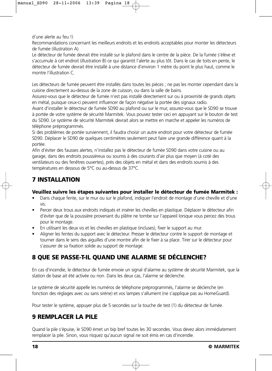 7 installation, 8 que se passe-t-il quand une alarme se déclenche, 9 remplacer la pile | Marmitek SD90 User Manual | Page 18 / 40