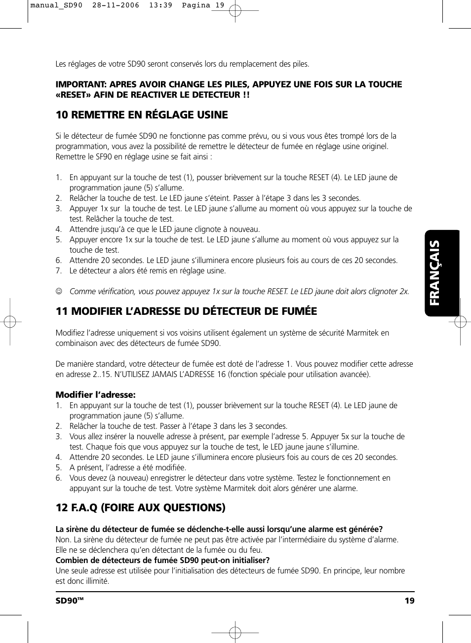 Français, 10 remettre en réglage usine, 11 modifier l’adresse du détecteur de fumée | 12 f.a.q (foire aux questions) | Marmitek SD90 User Manual | Page 19 / 40
