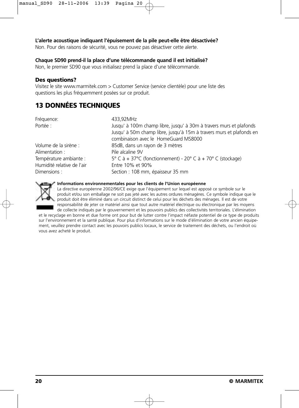 13 données techniques | Marmitek SD90 User Manual | Page 20 / 40