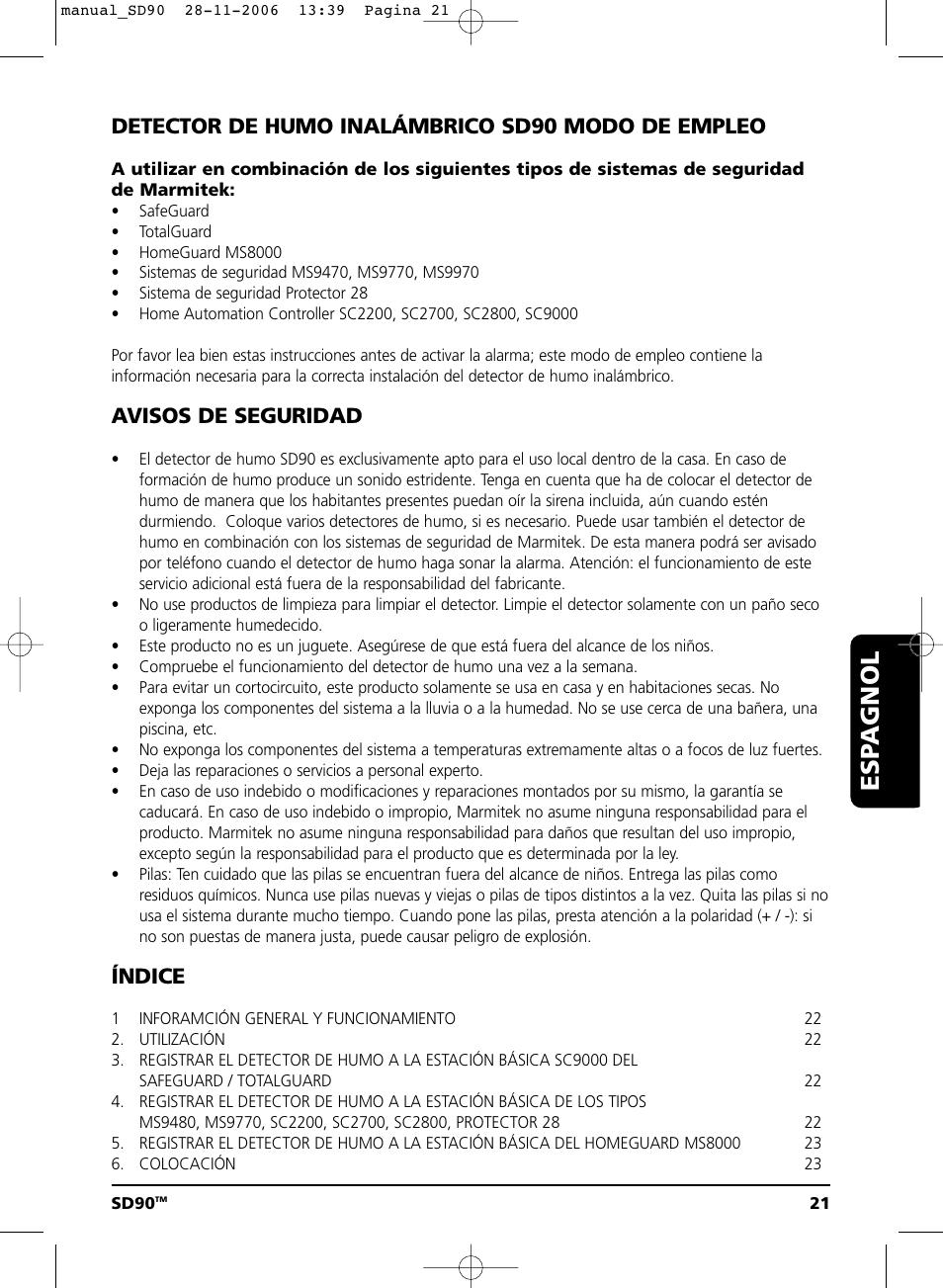 Modo de empleo, Esp agnol, Detector de humo inalámbrico sd90 modo de empleo | Avisos de seguridad, Índice | Marmitek SD90 User Manual | Page 21 / 40