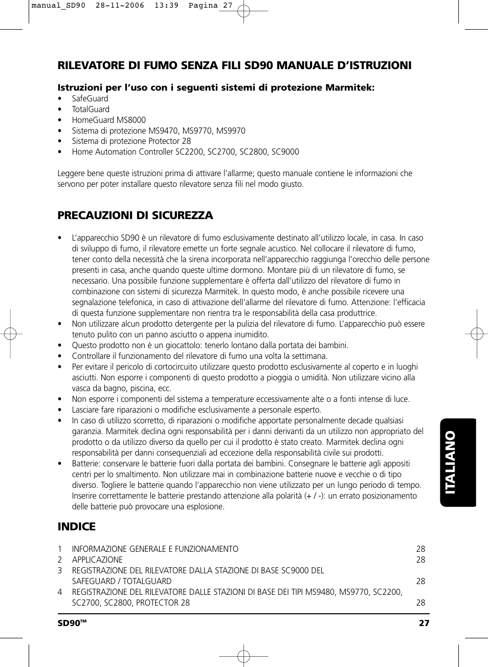 Manuale d’istruzioni 27, It aliano, Precauzioni di sicurezza | Indice | Marmitek SD90 User Manual | Page 27 / 40