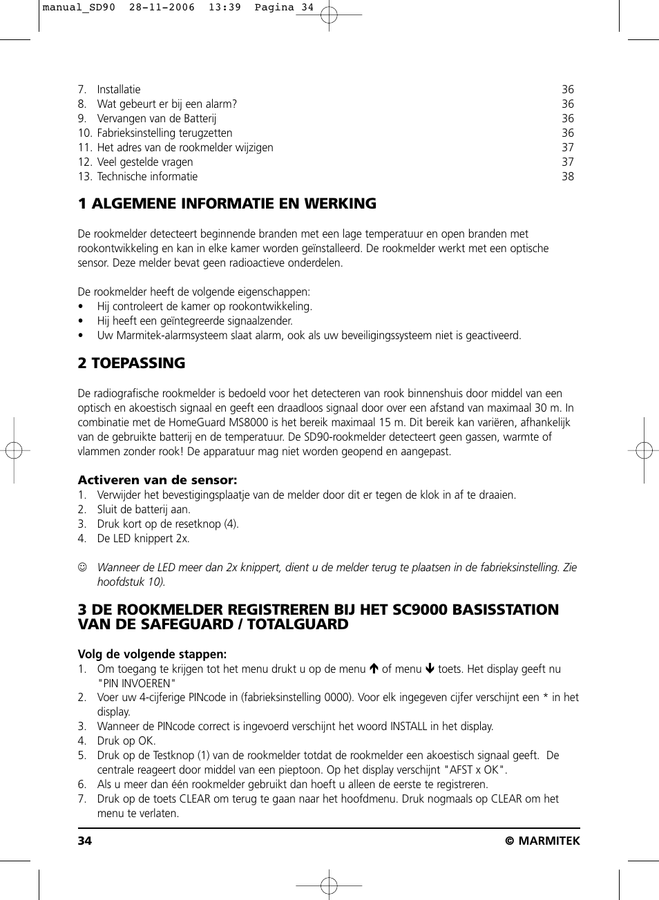 1 algemene informatie en werking, 2 toepassing | Marmitek SD90 User Manual | Page 34 / 40