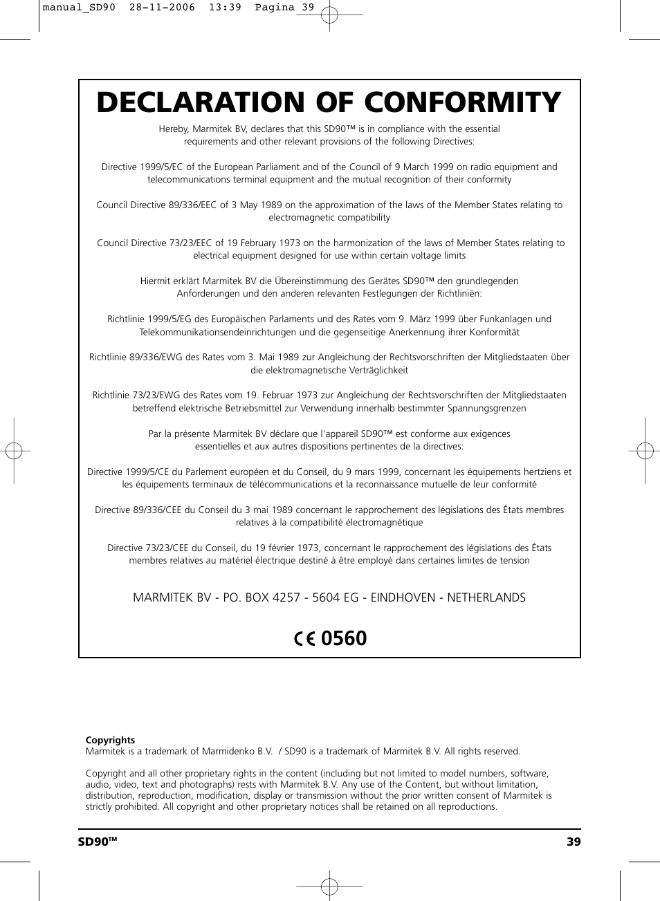 Declaration of conformity | Marmitek SD90 User Manual | Page 39 / 40