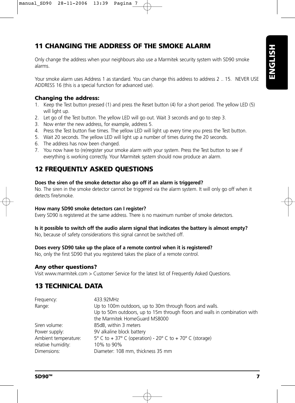 English, 11 changing the address of the smoke alarm, 12 frequently asked questions | 13 technical data | Marmitek SD90 User Manual | Page 7 / 40