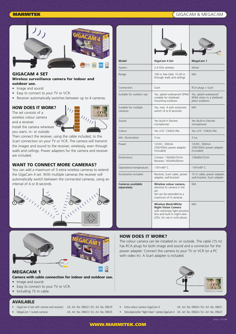 Gigacam 4 set, How does it work, Want to connect more cameras | Megacam 1, Available | Marmitek Gigacam none User Manual | Page 2 / 2