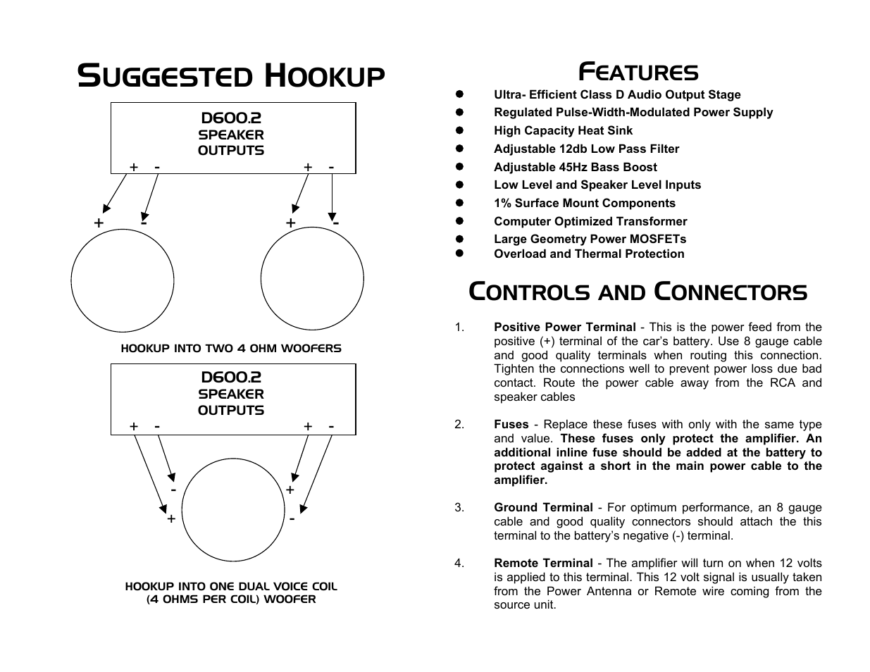 D600.2, 4 ohm4 ohm, Features | Uggested, Ookup, Eatures, Ontrols and, Onnectors | MMATS Professional Audio D600.2 User Manual | Page 3 / 4