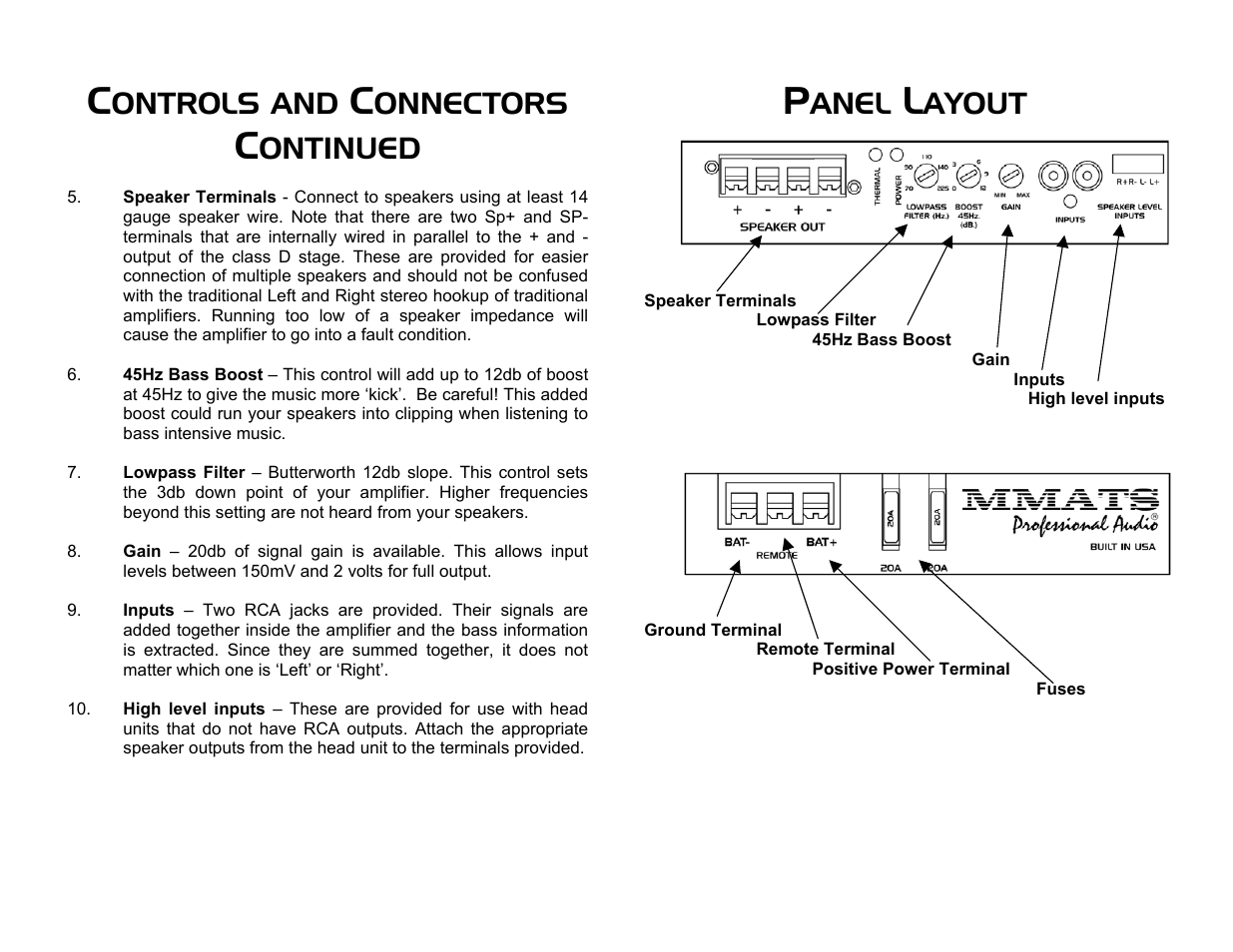 Panel layout, Ontrols and, Onnectors | Ontinued, Anel, Ayout | MMATS Professional Audio D600.2 User Manual | Page 4 / 4