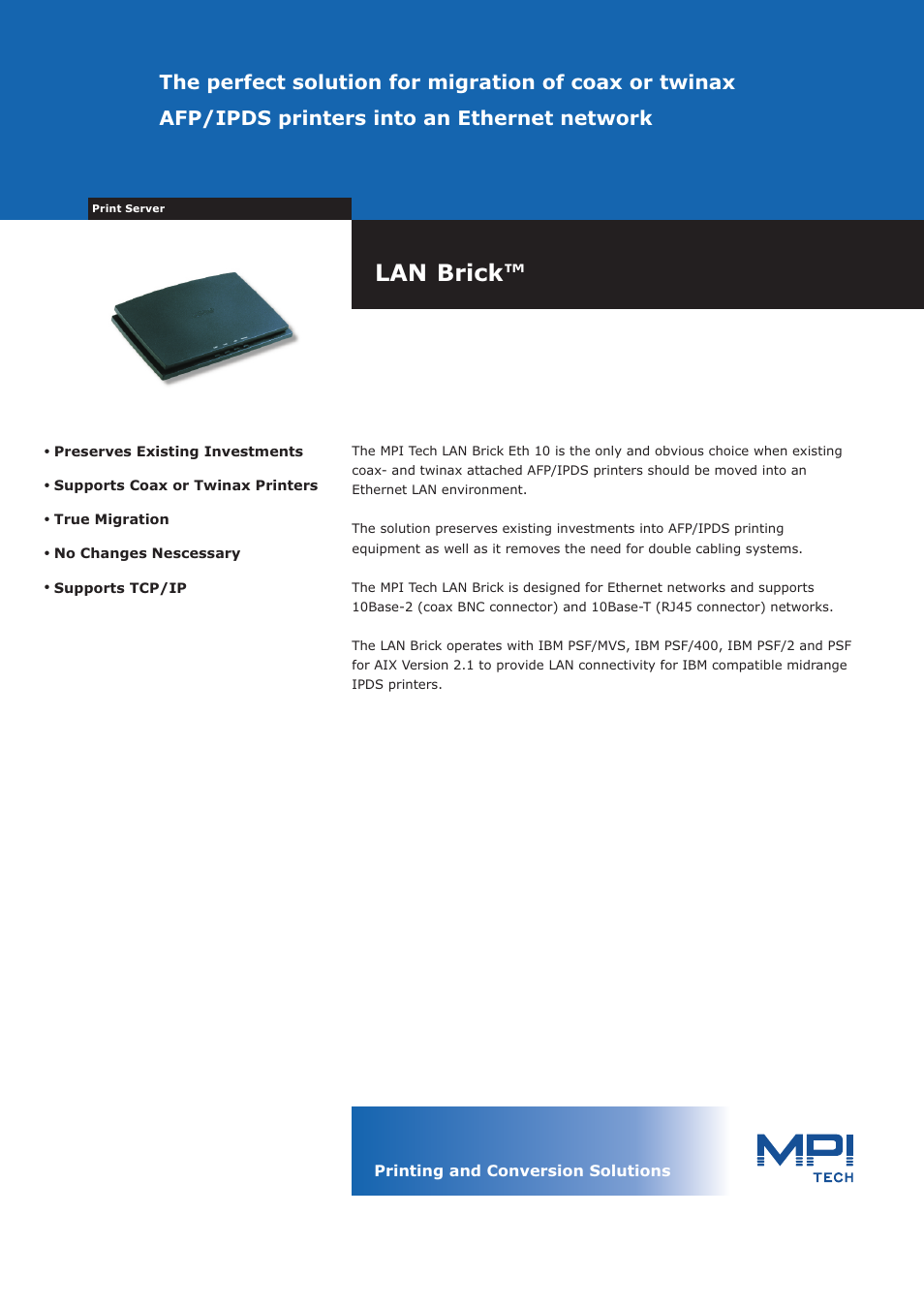 MPI Technologies LAN Brick Eth 10 User Manual | 2 pages