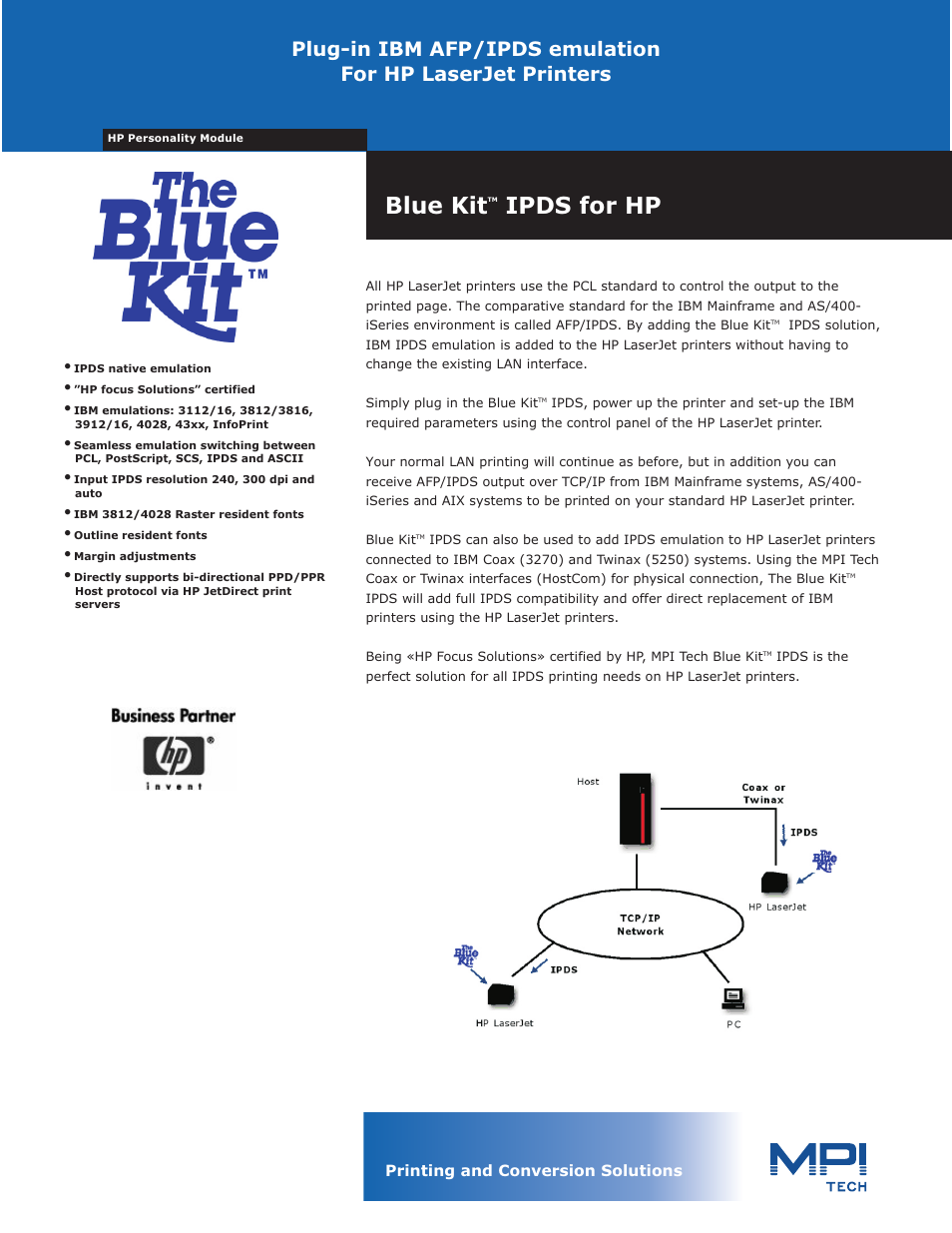 MPI Technologies The Blue Kit IPDS for HP User Manual | 2 pages