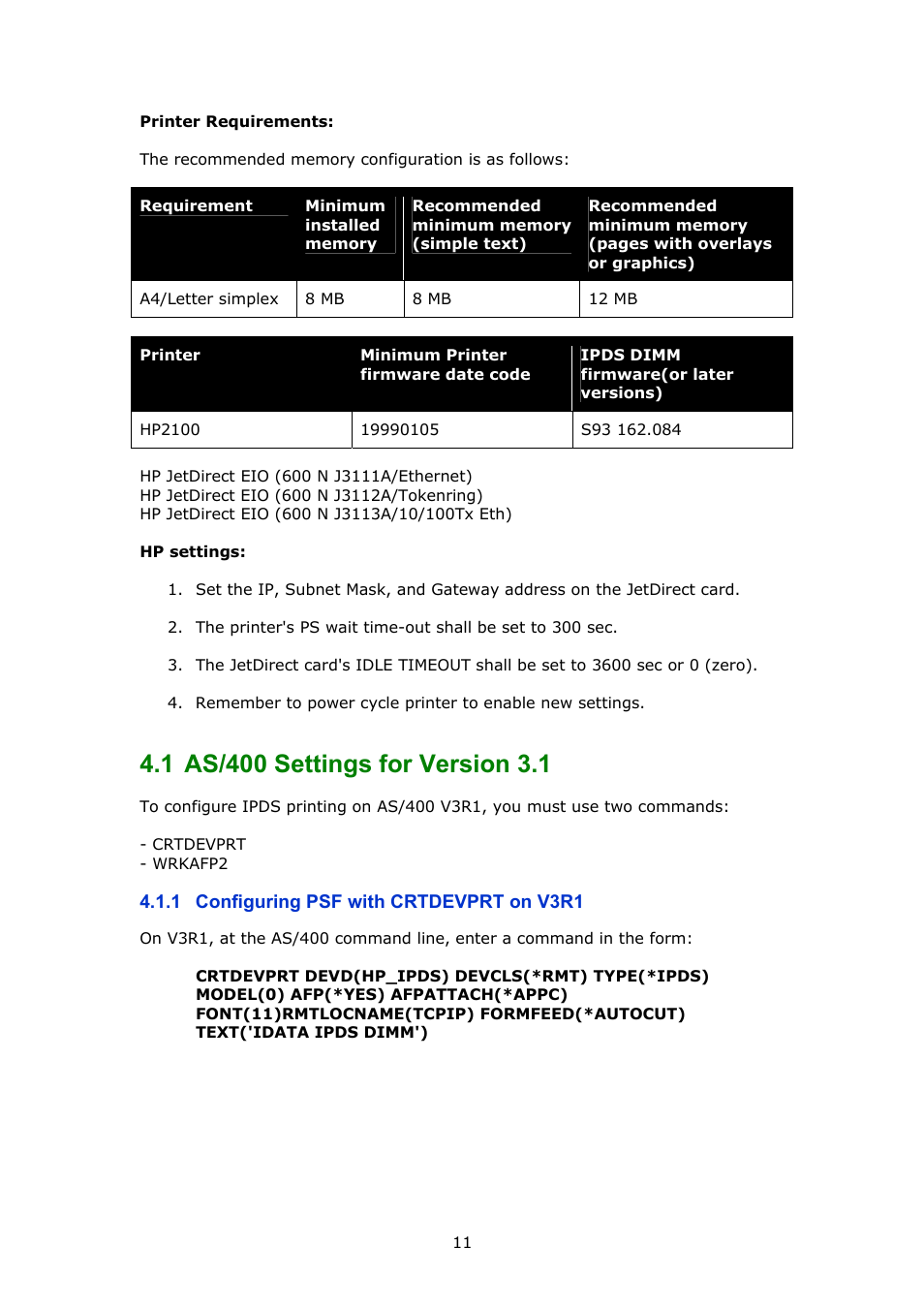 As/400 settings for version 3.1, Configuring psf with crtdevprt on v3r1, 1, as/400 settings for version 3.1 | MPI Technologies LaserJet 2100 User Manual | Page 11 / 40