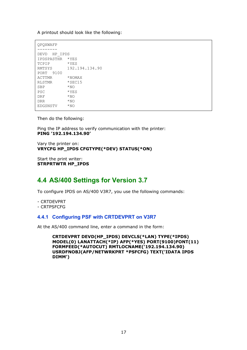 As/400 settings for version 3.7, Configuring psf with crtdevprt on v3r7, 4, as/400 settings for version 3.7 | MPI Technologies LaserJet 2100 User Manual | Page 17 / 40