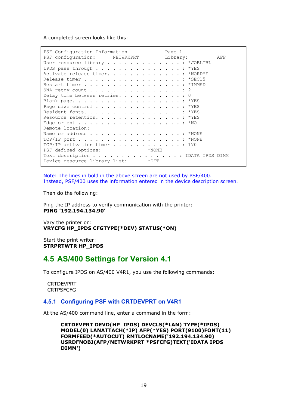 As/400 settings for version 4.1, Configuring psf with crtdevprt on v4r1, 5, as/400 settings for version 4.1 | MPI Technologies LaserJet 2100 User Manual | Page 19 / 40
