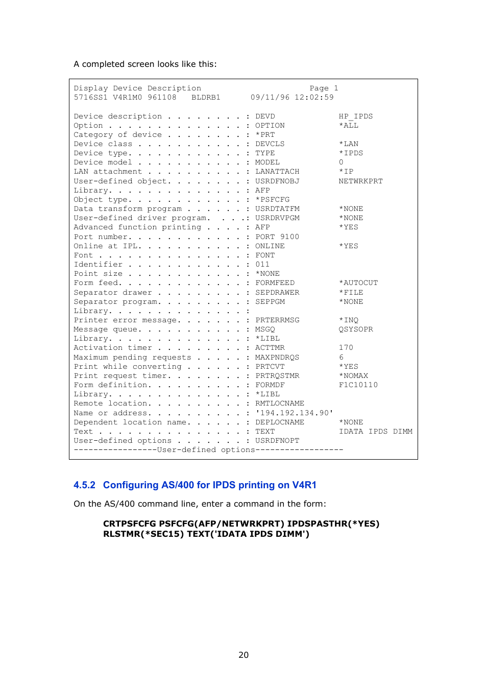 Configuring as/400 for ipds printing on v4r1 | MPI Technologies LaserJet 2100 User Manual | Page 20 / 40