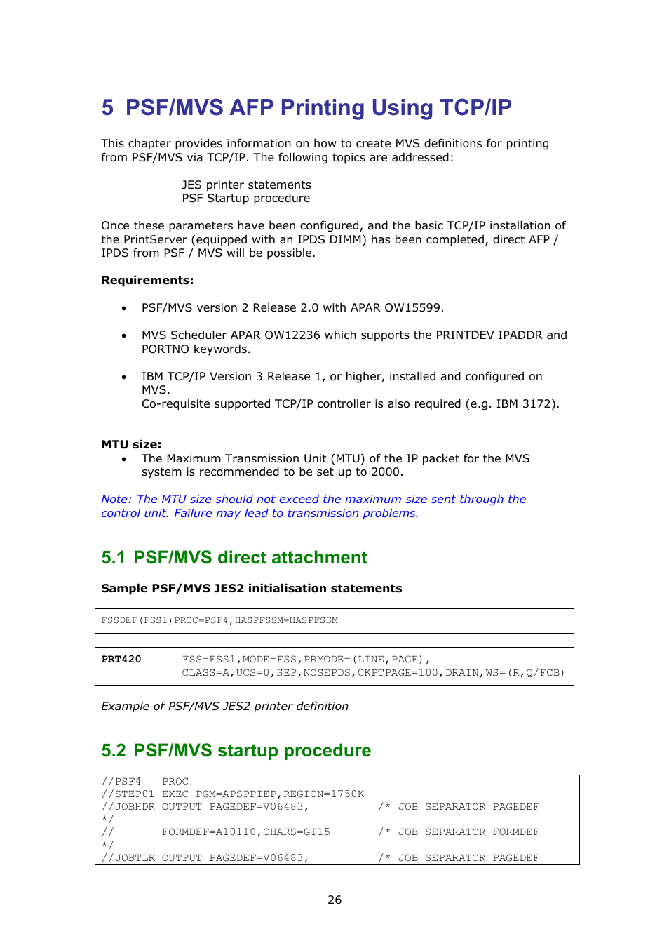 Psf/mvs afp printing using tcp/ip, Psf/mvs direct attachment, Psf/mvs startup procedure | 5 psf/mvs afp printing using tcp/ip, 1 psf/mvs direct attachment, 2 psf/mvs startup procedure | MPI Technologies LaserJet 2100 User Manual | Page 26 / 40