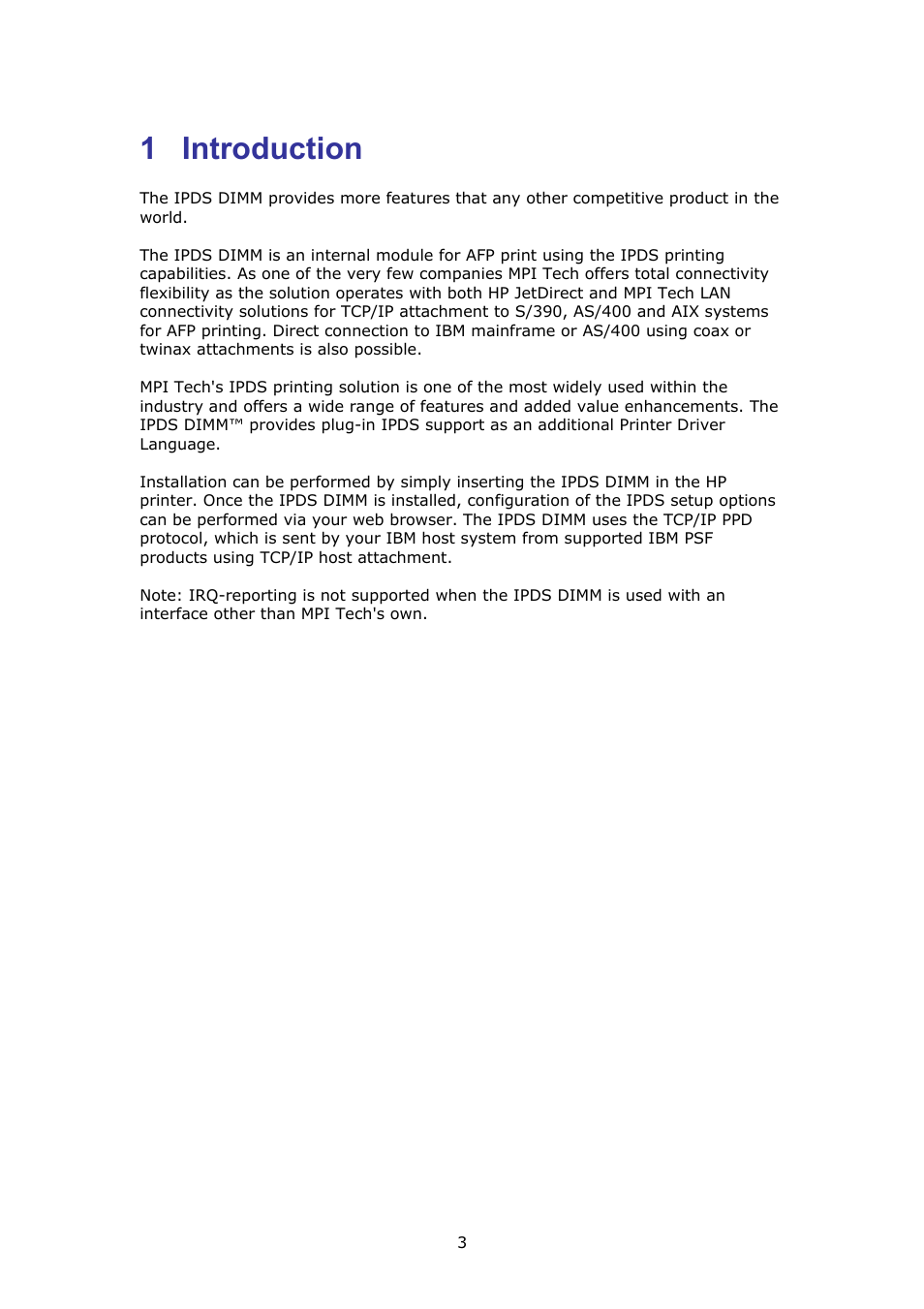 Introduction, 1 introduction | MPI Technologies LaserJet 2100 User Manual | Page 3 / 40